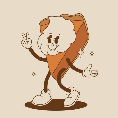 Komik Retro çizgi filmi Balkabağı Karakteri 50 'ler, 60' lar, 70 'ler Vintage Style. Balkabağı baharatlı latte, balkabağı turtası, puding, kek, kek, waffle, çörek ve kahve ile mutlu sonbahar maskotu..