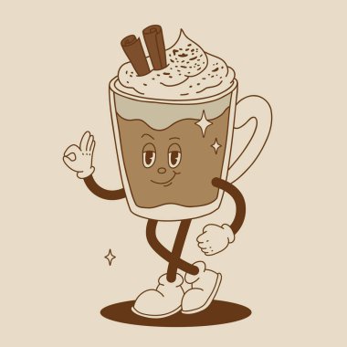 Komik Retro çizgi filmi Balkabağı Karakteri 50 'ler, 60' lar, 70 'ler Vintage Style. Balkabağı baharatlı latte, balkabağı turtası, puding, kek, kek, waffle, çörek ve kahve ile mutlu sonbahar maskotu..