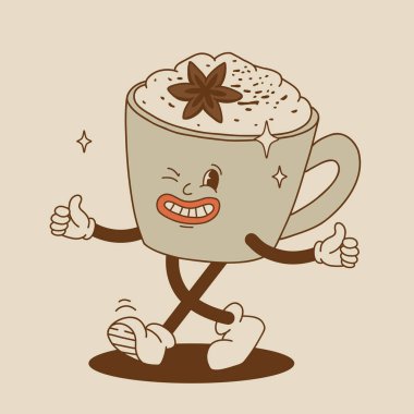 Komik Retro çizgi filmi Balkabağı Karakteri 50 'ler, 60' lar, 70 'ler Vintage Style. Balkabağı baharatlı latte, balkabağı turtası, puding, kek, kek, waffle, çörek ve kahve ile mutlu sonbahar maskotu..