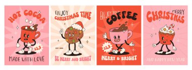 50 'li, 60' lı, 70 'li yılların klasik tarzında komik bir çizgi roman karakteri. Sıcak kahve, kakao, zencefilli kek, kek, kek ve kurabiyeli yeni yıl maskotu. Xmas vintage karakterleri.