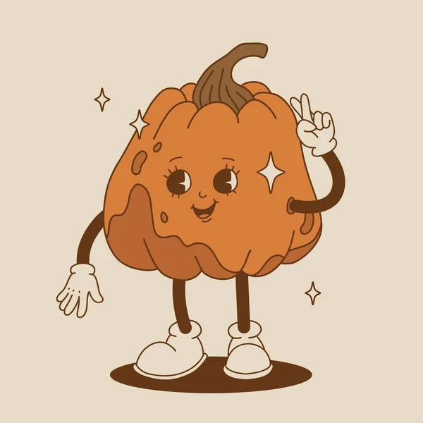 Funny Retro Cartoon Pumpkin Character Groovy 50S 60S 70S Vintage — Stock Vector