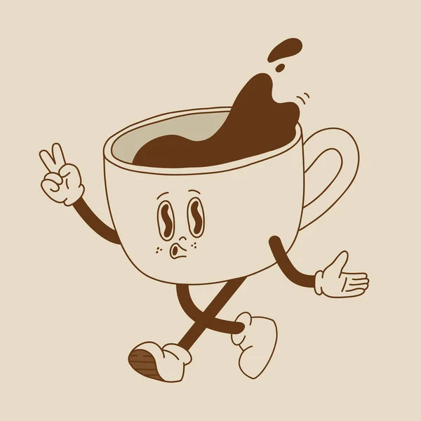 Poster Retro Mascotă Cafea Personaje Desene Animate Caractere Amuzante Colorate — Vector de stoc