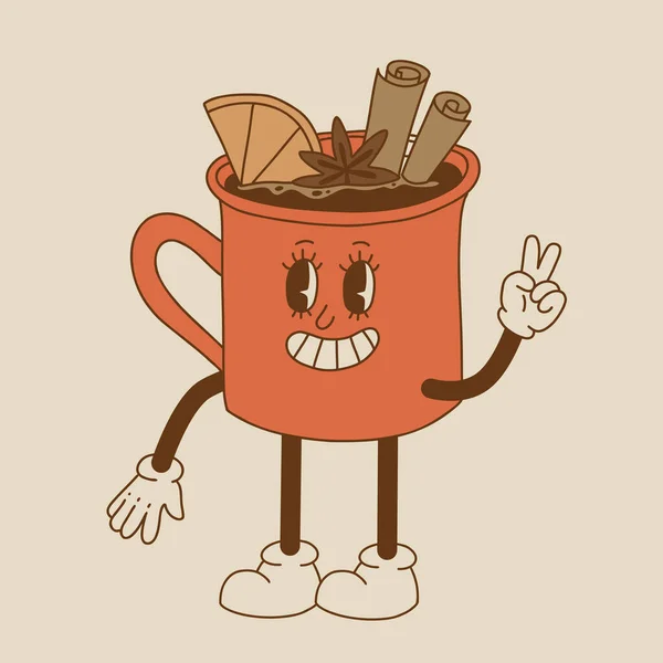 Retro Plakat Med Kaffemaskot Tegneseriefigurer Morsomme Figurer Fargerik Skrivestil Cappuccino – stockvektor