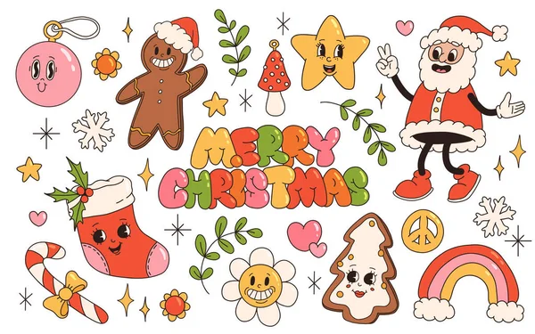 Groovy Hippie Christmas Stickers Santa Claus Sock Peace Holly Jolly — Stock Vector