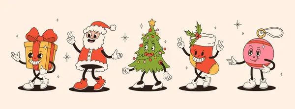 Groovy Hippie Christmas Stickers Santa Claus Sock Ball Christmas Tree — Stock Vector
