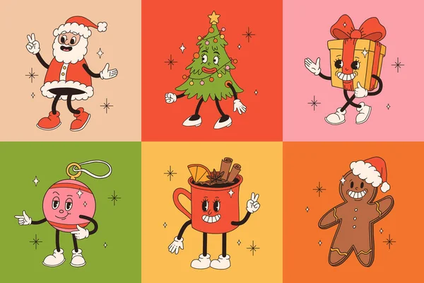 Christmas Retro Collection 30S Cartoon Mascot Characters Santa Christmas Tree — Stock Vector