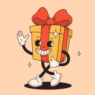 Kahve, sıcak kakao, zencefilli kurabiye, Noel ağacı ve modaya uygun retro çizgi film tarzında Noel yemeği ve içecek tasarımı. Modaya uygun 50 'ler, 60' lar, 70 'ler Klasik Biçimli Karakter