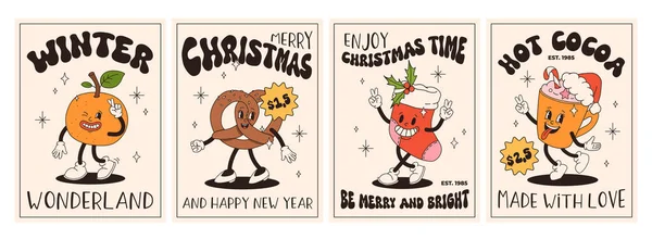 Eski Moda Noel Posterleri Noel Baba Noel Ağacı Balo Sıcak — Stok Vektör