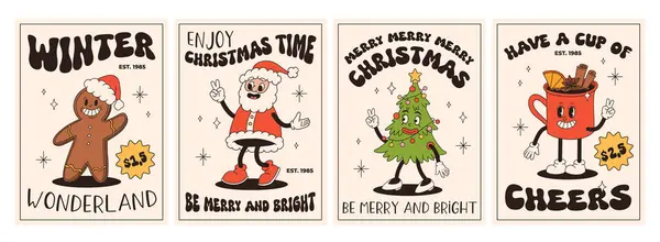 Groovy Retro Christmas Posters Santa Claus Christmas Tree Ball Hot — Stock Vector