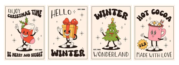 Eski Moda Noel Posterleri Noel Baba Noel Ağacı Balo Sıcak — Stok Vektör