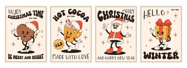 Groovy Retro Christmas Posters Santa Claus Christmas Tree Ball Hot — Stock Vector