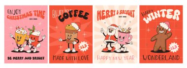 50 'li, 60' lı, 70 'li yılların klasik tarzında komik çizgi film karakterleri. Sıcak kahve, kakao, zencefilli kek, kek, noel baba hediyeli yeni yıl maskotu. Xmas vintage karakterleri.