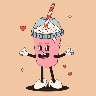 Sevgililer Günü 'nde komik klasik karakterler. Mutlu ve neşeli retro. Eski 60 'ların animasyonları, harika çizgi film karakterleri kahve ve tatlı, çörek, kek, espresso, latte, kakao, kek. mevcut.