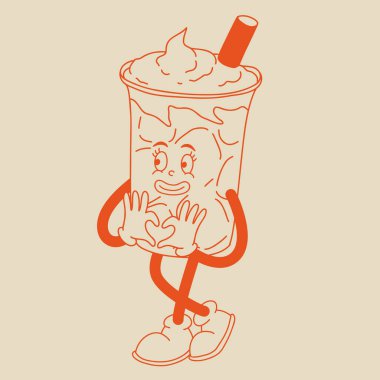 Sevgililer Günü 'nde komik klasik karakterler. Mutlu ve neşeli retro. Eski 60 'ların animasyonları, harika çizgi film karakterleri kahve ve tatlı, çörek, kek, espresso, latte, kakao, kek. mevcut.