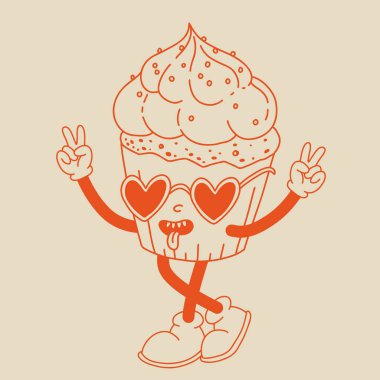 Sevgililer Günü 'nde komik klasik karakterler. Mutlu ve neşeli retro. Eski 60 'ların animasyonları, harika çizgi film karakterleri kahve ve tatlı, çörek, kek, espresso, latte, kakao, kek. mevcut.