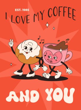 Sevgililer Günü 'nde komik klasik karakterler. Mutlu ve neşeli retro. Eski 60 'ların animasyonları, harika çizgi film karakterleri kahve ve tatlı, çörek, kek, espresso, latte, kakao, kek. mevcut.