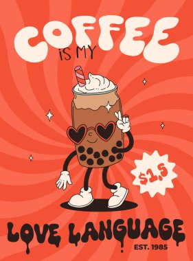 Sevgililer Günü 'nde komik klasik karakterler. Mutlu ve neşeli retro. Eski 60 'ların animasyonları, harika çizgi film karakterleri kahve ve tatlı, çörek, kek, espresso, latte, kakao, kek. mevcut.