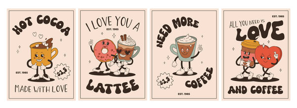 Valentine's Day set of vintage characters. Happy and cheerful retro. Old animation 50s, 60s 70s, groovy cartoon characters of coffee and sweets, donut, cupcake, espresso, latte, cocoa, cake. present.