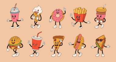 Fast food eski moda çizgi film karakterleri. Hamburgerin, pizzanın, sosislinin, dondurmanın, patates kızartmasının, kahvenin, çöreğin ve sodanın klasik maskotu ve mutlu bir gülümsemesi. Funky sokak yemekleri çizimi