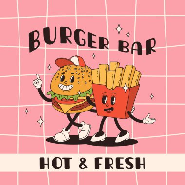 Çizgi film fast food posteri. Maskot yemek karakterleri olan eski moda kartlar. Kafe için alıntı metni olan broşür tasarımı. Patates kızartmalı, harika hamburgerli pankart. Fast food dağıtım broşürü..