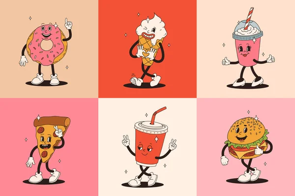 Sett Med Hurtigmat Retro Groovy Tegneseriefigur Vintage Mascot Burger Pizza – stockvektor
