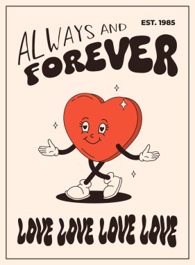 Sevimli karikatür kalp karakterli sevgililer günü posteri ol. Harika bir kalp karakteri. 50 'li yılların hippisi 60' lı yılların modası geçmiş Sevgililer Günü posteri