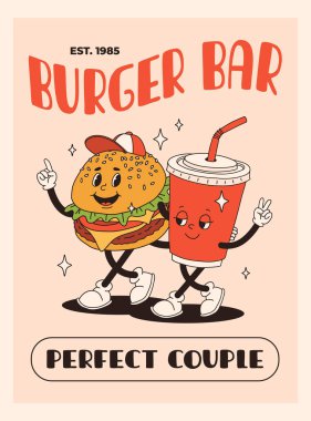 Çizgi film fast food posteri. Maskot yemek karakterleri olan eski moda kartlar. Kafe için alıntı metni olan broşür tasarımı. Gazoz ve harika hamburgerli pankart. Fast food dağıtım broşürü.