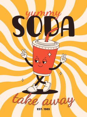 Çizgi film fast food posteri. Maskot yemek karakterleri olan eski moda kartlar. Kafe için alıntı metni olan broşür tasarımı. Fiyakalı hamburgerli pankart, patates kızartması, soda, dondurma. Fast food teslimatı