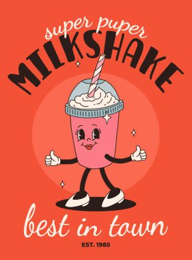 Çizgi film fast food posteri. Maskot yemek karakterleri olan eski moda kartlar. Kafe için alıntı metni olan broşür tasarımı. Fiyakalı hamburgerli pankart, patates kızartması, soda, dondurma. Fast food teslimatı