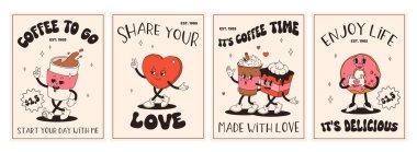 Eski sevgililer günü karakterleri. Mutlu ve neşeli retro. Eski animasyon 50 'ler, 60' lar, kahve ve tatlı çizgi film karakterleri, çörek, kek, espresso, latte, kakao, kek. mevcut.