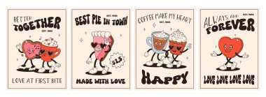 Eski sevgililer günü karakterleri. Mutlu ve neşeli retro. Eski animasyon 50 'ler, 60' lar, kahve ve tatlı çizgi film karakterleri, çörek, kek, espresso, latte, kakao, kek. mevcut.