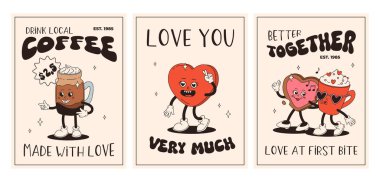 Sevgililer Günü posterleri seti. Mutlu ve neşeli retro maskotlar. Eski animasyon 50 'ler 60' lar, çizgi film karakterleri kahve, şeker ve kalp, çörek, çörek, espresso, latte, hediye