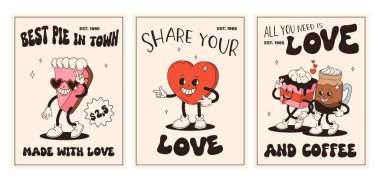 Sevgililer Günü posterleri seti. Mutlu ve neşeli retro maskotlar. Eski animasyon 50 'ler 60' lar, çizgi film karakterleri kahve, şeker ve kalp, çörek, çörek, espresso, latte, hediye