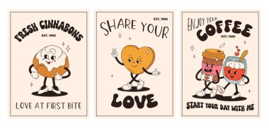Sevgililer Günü posterleri seti. Mutlu ve neşeli retro maskotlar. Eski animasyon 50 'ler 60' lar, çizgi film karakterleri kahve, şeker ve kalp, çörek, çörek, espresso, latte, hediye