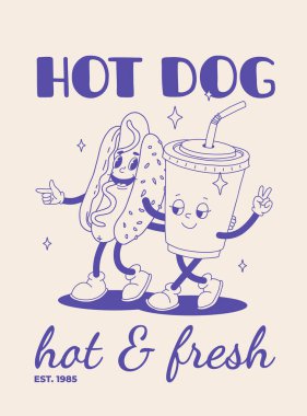 Fast food afişi bej üzerine mavi. Sokak yemekleri karakterleriyle eski moda illüstrasyonlar. Harika hamburgerli broşür, patates kızartması, soda, dondurma, çörek, turta, kahve. Fast food teslimatı