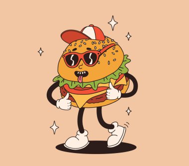 Fast food eski moda çizgi film karakterleri. Patates kızartmalı klasik hamburger maskotu, şapkalı burger ve mutlu gülüşlü kaykaylı gözlük. Funky sokak yemekleri çizimi