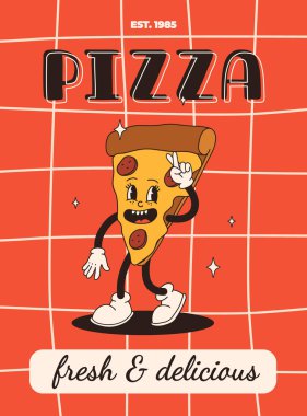 Çizgi film fast food posteri. Maskot yemek karakterleri olan eski moda kartlar. Kafe için alıntı metni olan broşür tasarımı. Fiyakalı hamburgerli pankart, patates kızartması, soda, dondurma. Fast food teslimatı