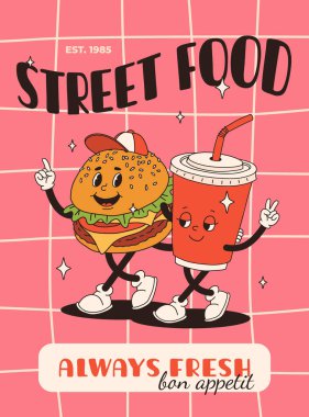 Çizgi film fast food posteri. Maskot yemek karakterleri olan eski moda kartlar. Kafe için alıntı metni olan broşür tasarımı. Fiyakalı hamburgerli pankart, patates kızartması, soda, dondurma. Fast food teslimatı