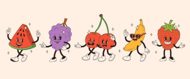 Eski moda meyve karakterleri. Komik çizgi film maskotu, karpuz üzümlü, kirazlı, muzlu, gülen yüzlü, elleri ve ayakları olan. Klasik yaz vektör çizimi. Meyve sulu etiket paketi.