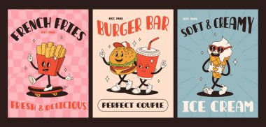 Çizgi film fast food posteri. Maskot yemek karakterleri olan eski moda kartlar. Kafe için alıntı metni olan broşür tasarımı. Fiyakalı hamburgerli pankart, patates kızartması, soda, dondurma. Fast food teslimatı