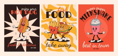 Çizgi film fast food posteri. Maskot yemek karakterleri olan eski moda kartlar. Kafe için alıntı metni olan broşür tasarımı. Fiyakalı hamburgerli pankart, patates kızartması, soda, dondurma. Fast food teslimatı