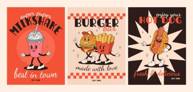 Çizgi film fast food posteri. Maskot yemek karakterleri olan eski moda kartlar. Kafe için alıntı metni olan broşür tasarımı. Fiyakalı hamburgerli pankart, patates kızartması, soda, dondurma. Fast food teslimatı