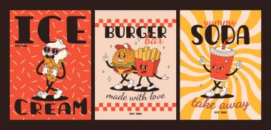 Çizgi film fast food posteri. Maskot yemek karakterleri olan eski moda kartlar. Kafe için alıntı metni olan broşür tasarımı. Fiyakalı hamburgerli pankart, patates kızartması, soda, dondurma. Fast food teslimatı