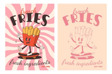 Fast food posterleri. Sokak yemekleri karakterli eski moda kartlar. Süper hamburgerli broşür, patates kızartması, soda, dondurma, çörek, turta, paket kahve, sandviç. Fast food teslimatı