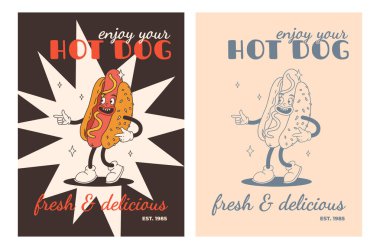 Fast food posterleri. Sokak yemekleri karakterli eski moda kartlar. Süper hamburgerli broşür, patates kızartması, soda, dondurma, çörek, turta, paket kahve, sandviç. Fast food teslimatı