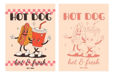 Fast food posterleri. Sokak yemekleri karakterli eski moda kartlar. Süper hamburgerli broşür, patates kızartması, soda, dondurma, çörek, turta, paket kahve, sandviç. Fast food teslimatı