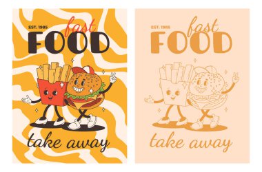 Fast food posterleri. Sokak yemekleri karakterli eski moda kartlar. Süper hamburgerli broşür, patates kızartması, soda, dondurma, çörek, turta, paket kahve, sandviç. Fast food teslimatı