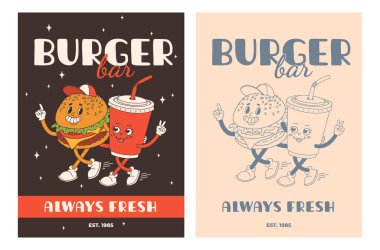 Fast food posterleri. Sokak yemekleri karakterli eski moda kartlar. Süper hamburgerli broşür, patates kızartması, soda, dondurma, çörek, turta, paket kahve, sandviç. Fast food teslimatı