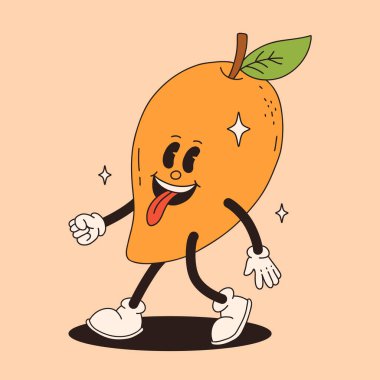 Harika bir mango maskotu. Tuhaf bir retro karakter. Çizgi film mangosu, gülümsüyor, yürüyor. Komik, modaya uygun bir karakter. Doodle Çizgi Roman Koleksiyonu