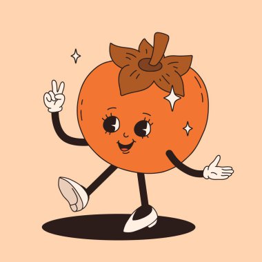 Harika bir hurma maskotu. Tuhaf bir retro karakter. Çizgi film hurması, gülümsüyor, yürüyor. Komik, modaya uygun bir karakter. Doodle Çizgi Roman Koleksiyonu